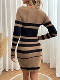 dunnmall Striped Slim Sweater Dresses , Long Sleeve Crew Neck Mini Dress , Women's Clothings