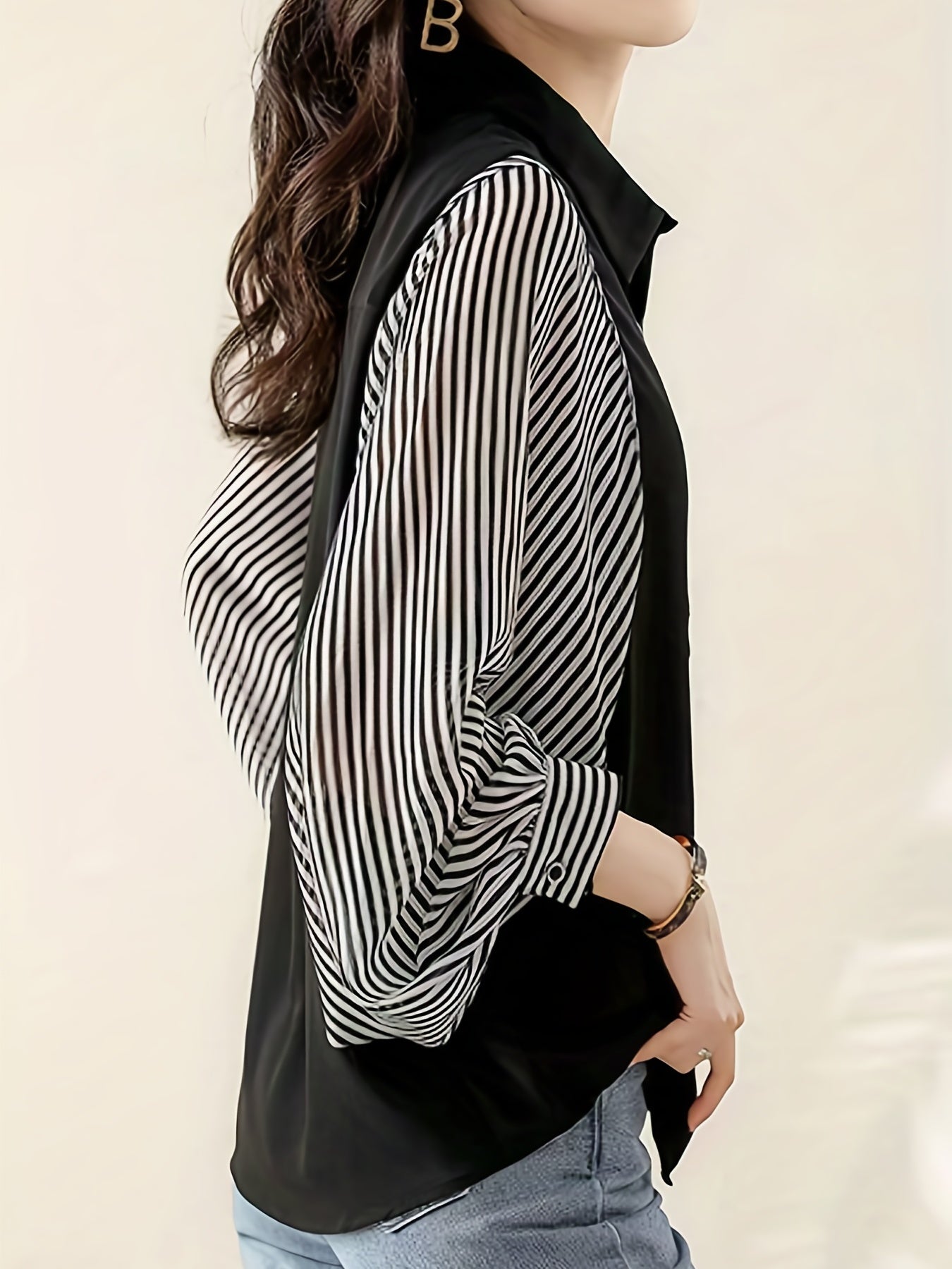 dunnmall  Striped Print Splicing Shirt, Casual Button Front Long Sleeve Shirt, Women's Clothing