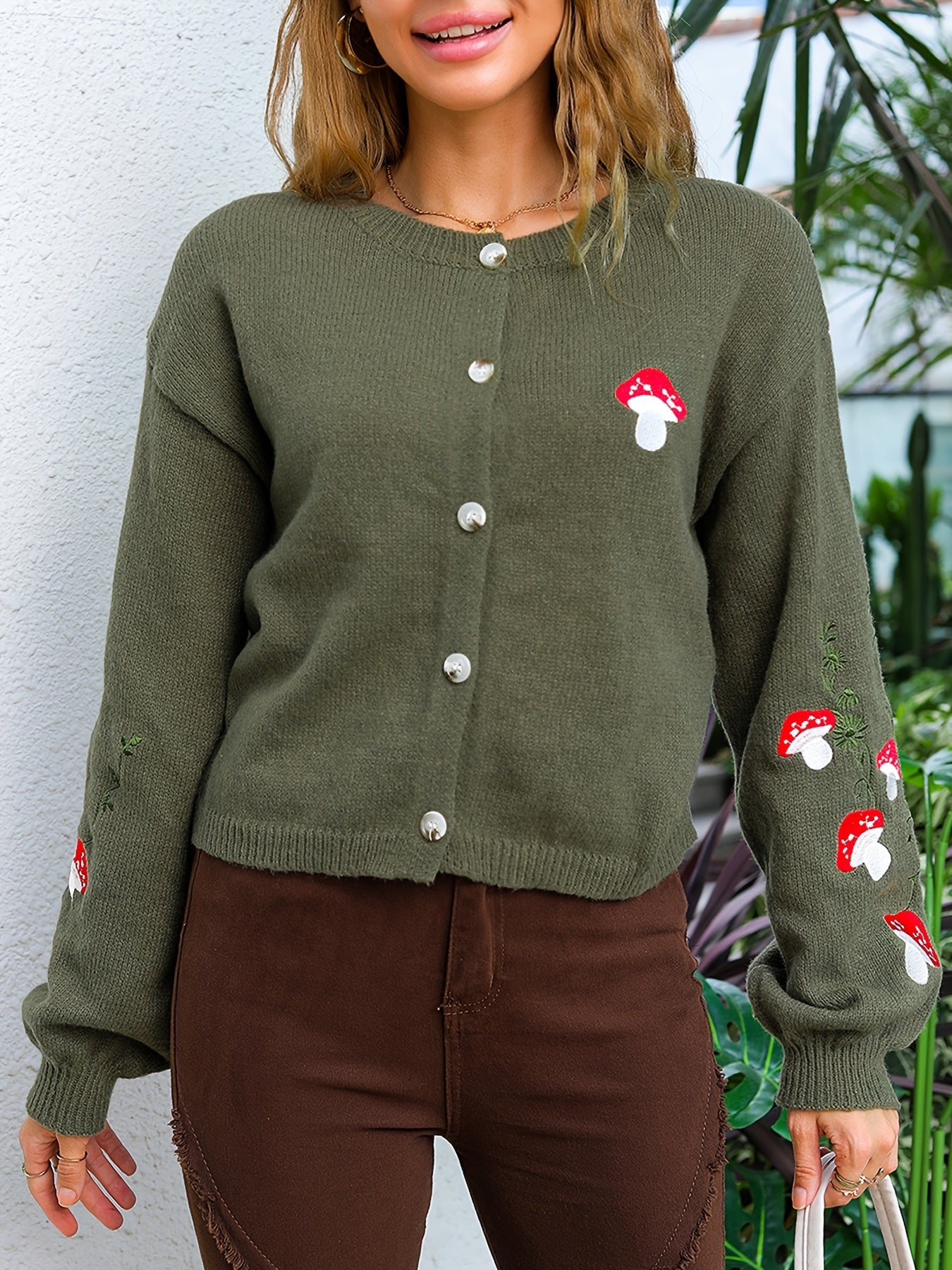 Mushroom Embroidery Knit Cardigan, Cute Button Front Long Sleeve Sweater, Women's Clothing