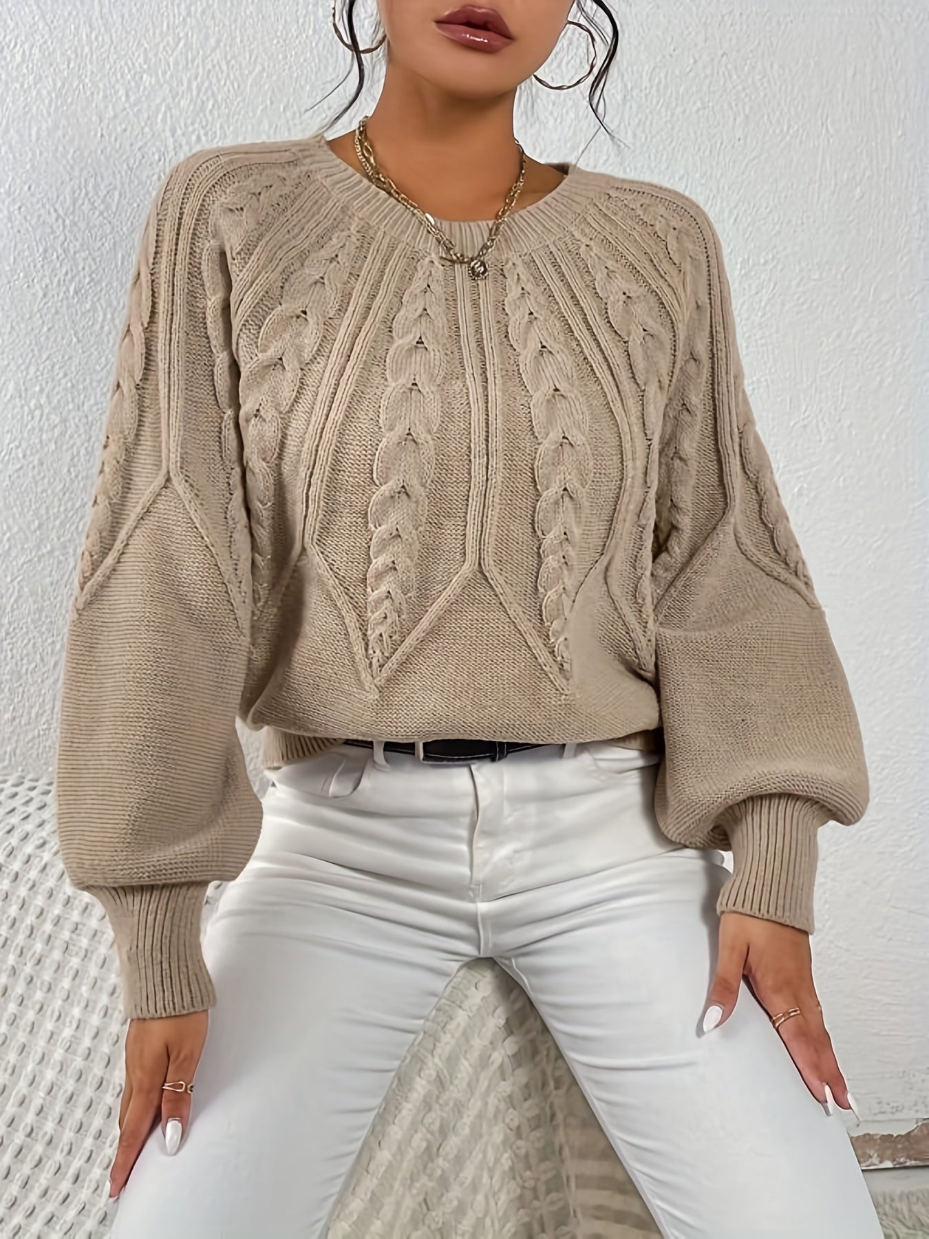 dunnmall  Solid Cable Knit Sweater, Casual Crew Neck Long Sleeve Sweater, Women's Clothing