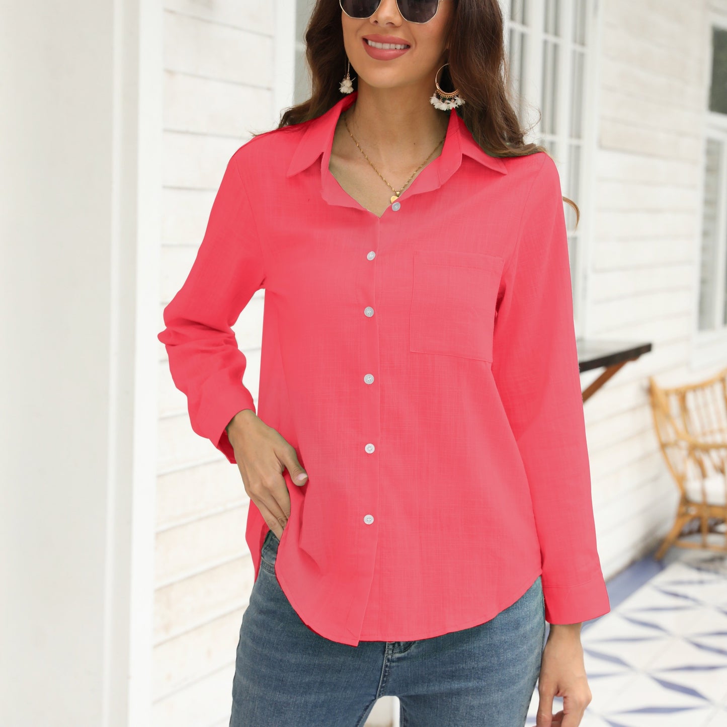 Long Sleeve Button Up Shirt, Pocket Casual Every Day Top For Spring & Fall, Women's Clothing