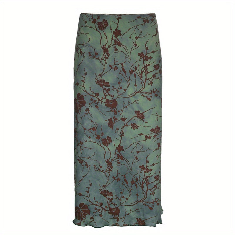 Floral Print Lettuce Hem Skirt, Elegant Skirt For Spring & Summer, Women's Clothing