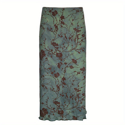 Floral Print Lettuce Hem Skirt, Elegant Skirt For Spring & Summer, Women's Clothing