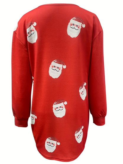 dunnmall  Christmas Santa Claus Print Dress, Casual Long Sleeve V Neck Dress, Women's Clothing