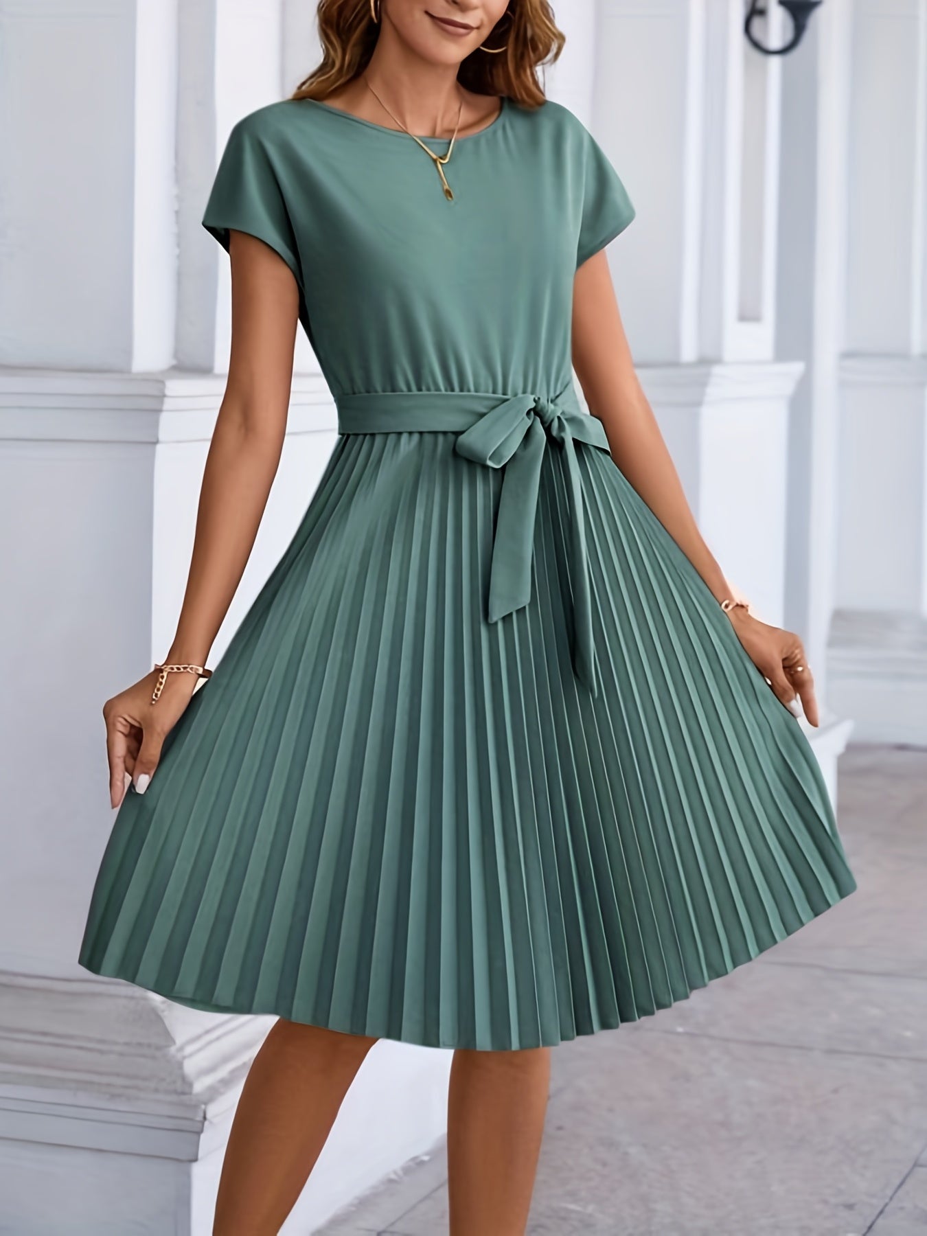 dunnmall  Pleated Tie Front Dress, Casual Solid Short Sleeve Dress For Spring & Summer, Women's Clothing