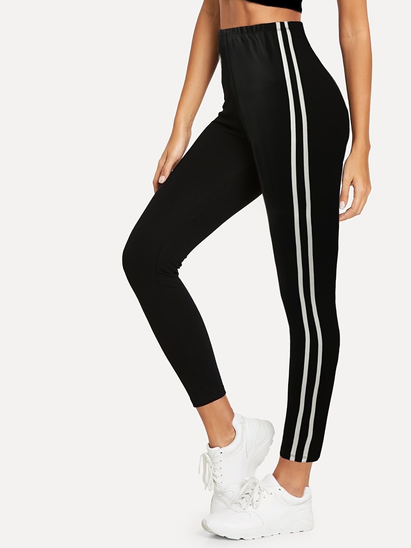 dunnmall  Contrast Trim Leggings, Casual Sporty Leggings, Women's Clothing