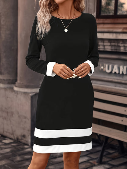 dunnmall Color Block Long Sleeve Dress, Casual Crew Neck A-line Knee Length Dress, Women's Clothing