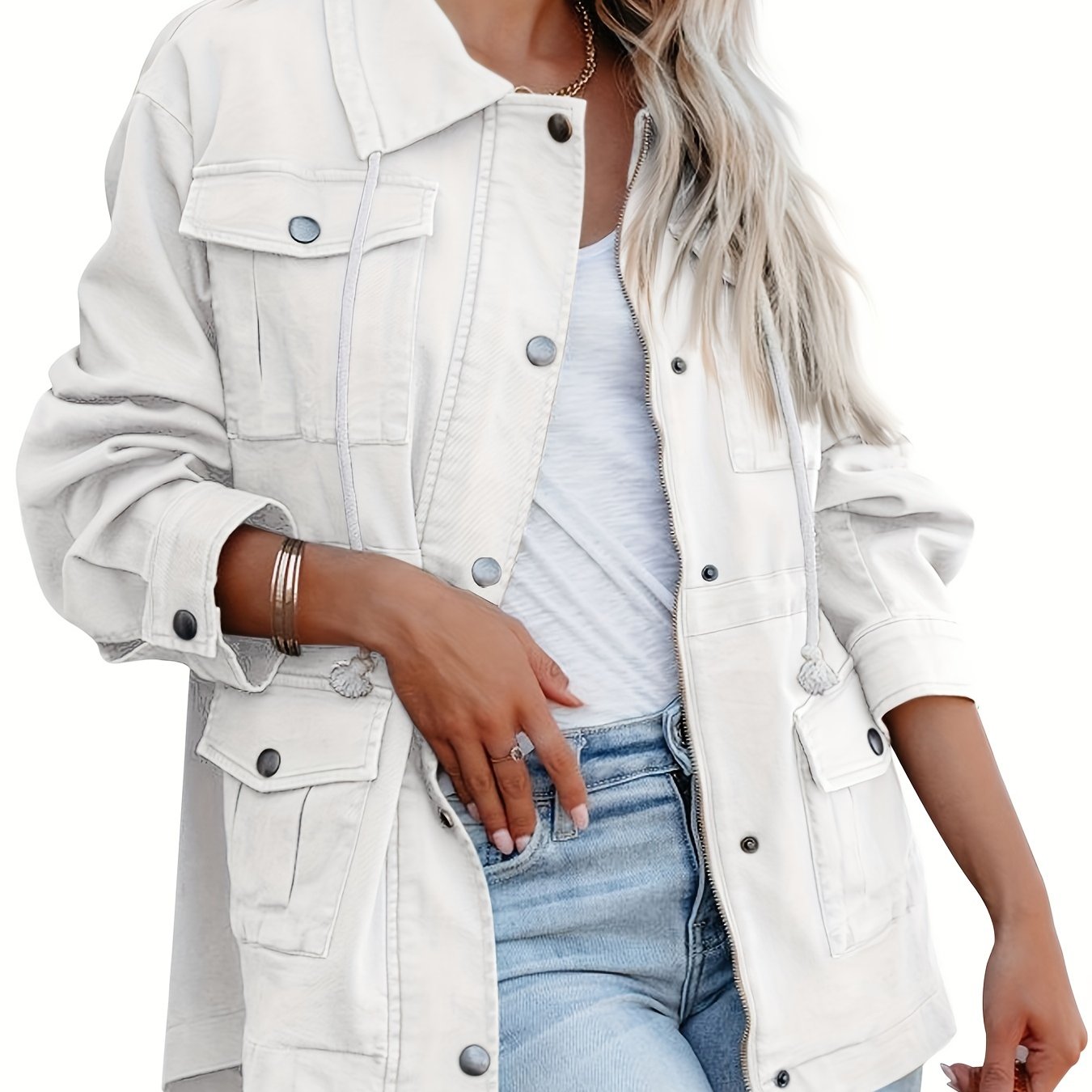 Button Flap Pockets Drawstring Jacket, Casual Long Sleeve Jacket For Fall & Winter, Women's Clothing