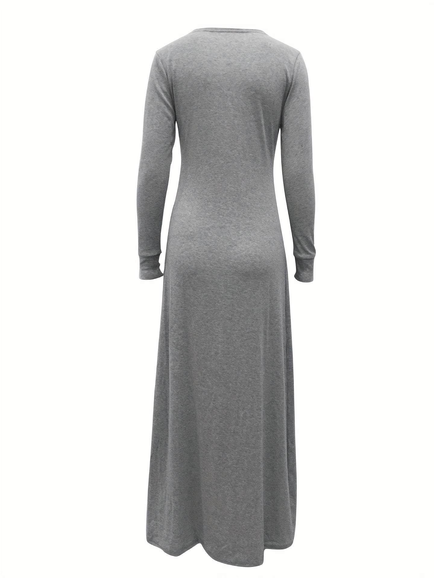 Split Thigh Solid Dress, Crew Neck Long Sleeve Maxi Dress, Women's Clothing