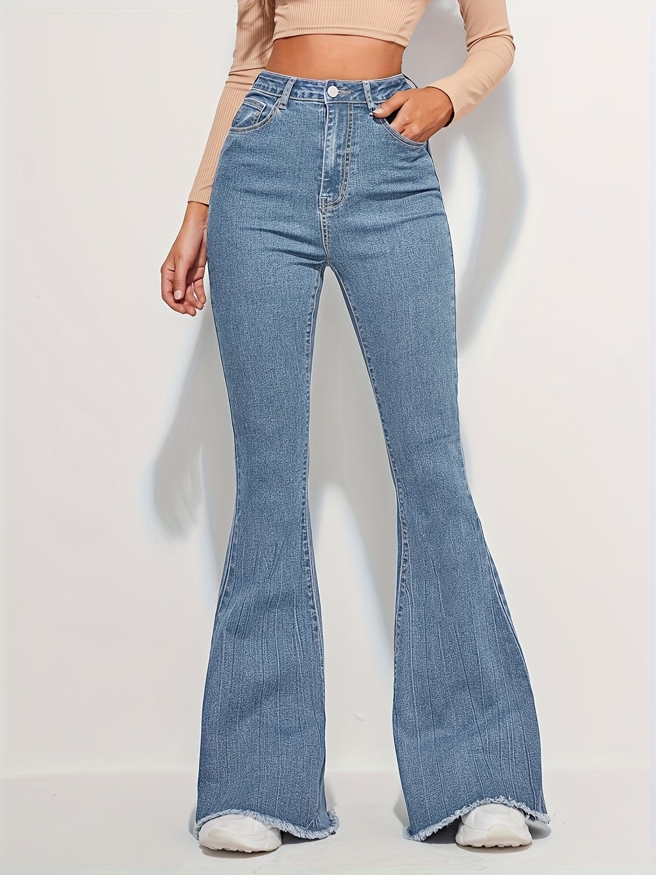 dunnmall Raw Trim Fashion Bell Bottom Jeans, High Waist Elastic Washed Elegant Denim Pants, Women's Denim Jeans & Clothing