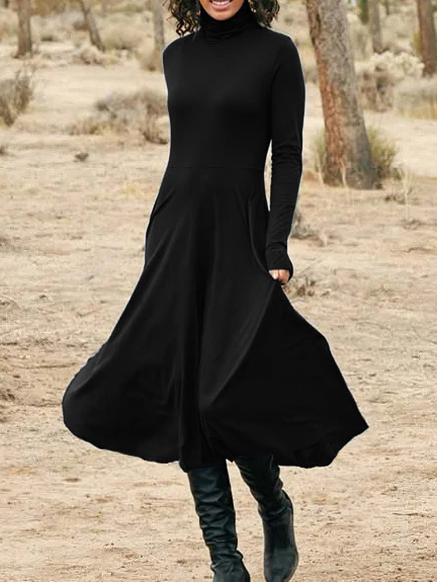 High Neck Solid Midi Dress, Elegant Long Sleeve Daily Dress, Women's Clothing