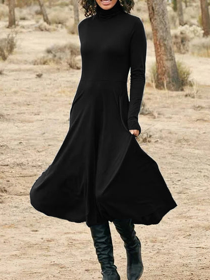 High Neck Solid Midi Dress, Elegant Long Sleeve Daily Dress, Women's Clothing