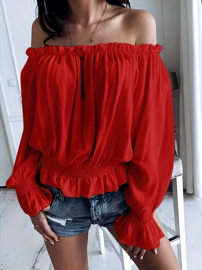 Off Shoulder Ruffle Trim Blouse, Casual Long Sleeve Blouse For Spring & Fall, Women's Clothing