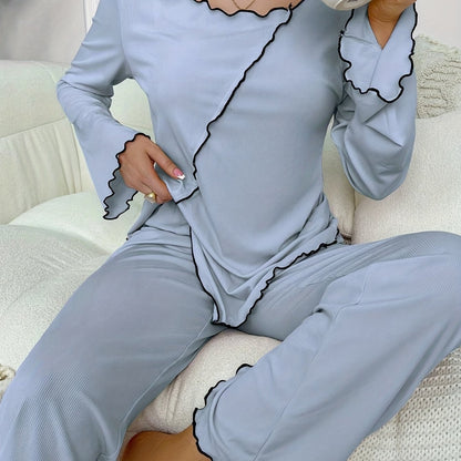 dunnmall  Lettuce Trim Lounge Set, Long Sleeve Side Split Top & Elastic Waistband Pants, Women's Loungewear & Sleepwear