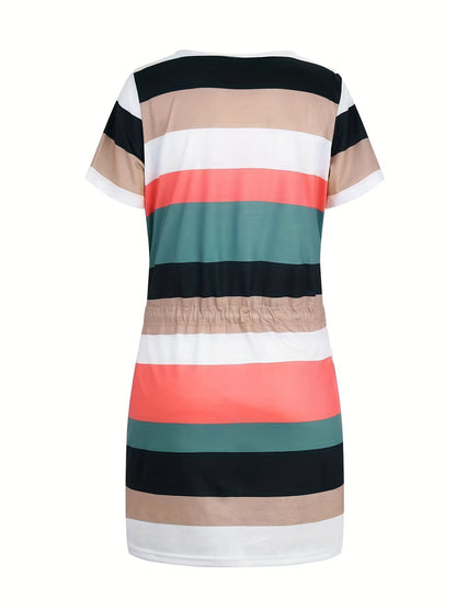 dunnmall  Striped V-neck Belt Cute Dresses, Casual Short Sleeve Dress, Women's Clothing