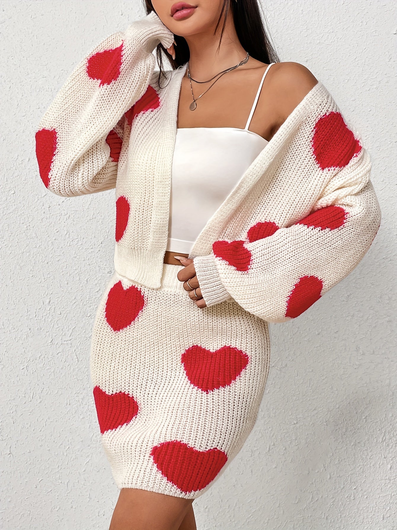 Heart Pattern Sweater Two-piece Set, Open Front Long Sleeve Cardigan & Knitted Bag Hip Skirts Outfits, Women's Clothing