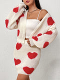 Heart Pattern Sweater Two-piece Set, Open Front Long Sleeve Cardigan & Knitted Bag Hip Skirts Outfits, Women's Clothing