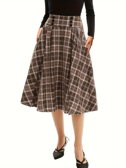 Plaid Print High Waist Button Skirt, Elegant A Line Flare Midi Skirt, Women's Clothing