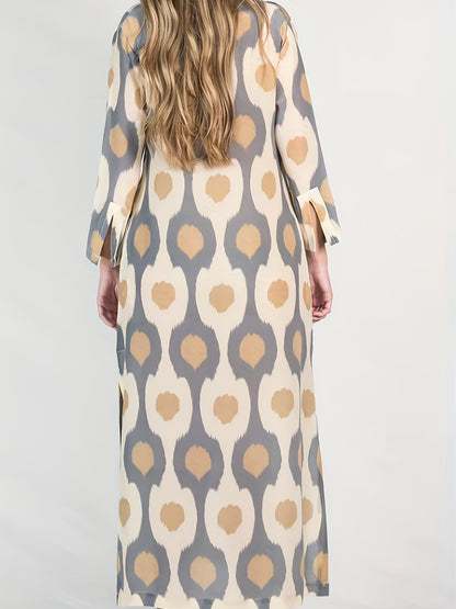 dunnmall  Graphic Print Split Dress, Vintage V Neck Long Sleeve Maxi Dress, Women's Clothing