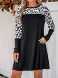 Leopard Print Splicing Dress, Casual Crew Neck Long Sleeve Dress, Women's Clothing