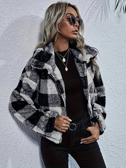 Zip Front Plaid Print Plush Coat, Long Sleeve Lapel Teddy Jacket For Fall & Winter, Women's Clothing