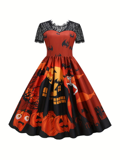 Halloween Witch & Castle Print Lace Stitching Dress, Elegant Ruffle Hem Swing Aline Dress, Women's Clothing