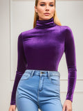 dunnmall  Solid Turtleneck Velvet Simple Top, Vintage Long Sleeve Slim Top For Spring & Fall, Women's Clothing