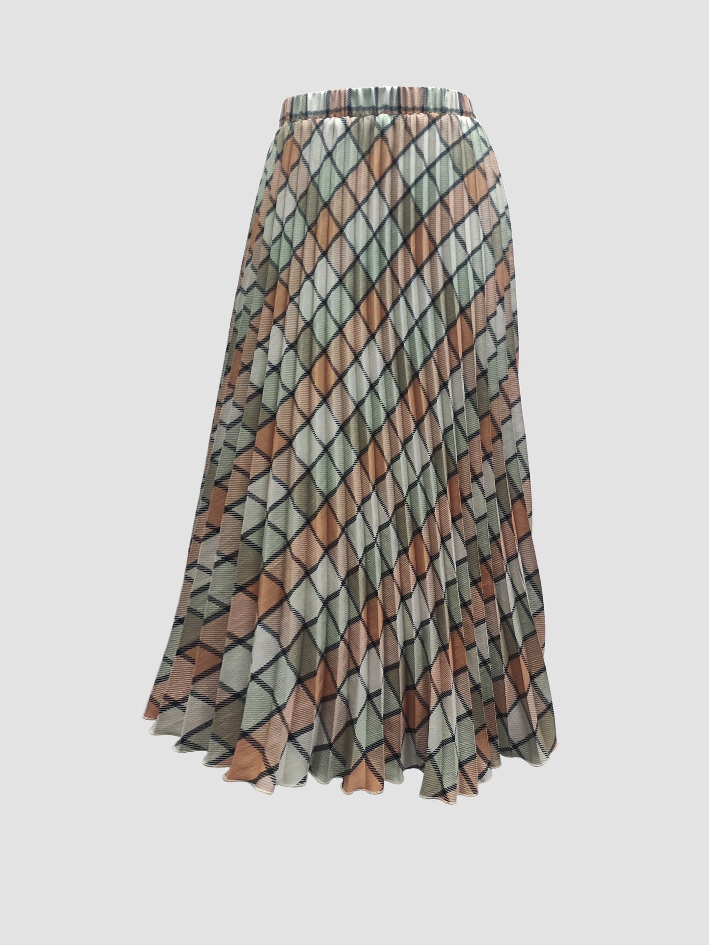 Plus Size Casual Skirt, Women's Plus Argyle Print Elastic High Rise Pleated Maxi Skirt