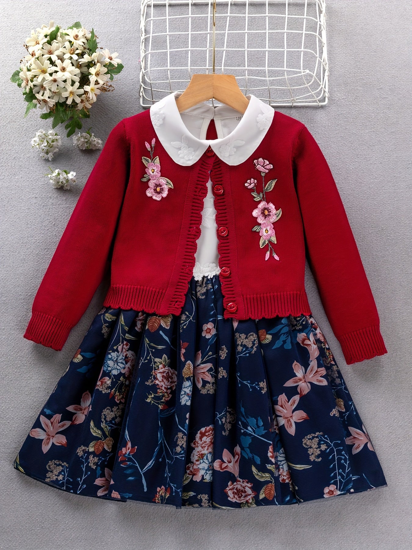 2PCS, 57% cotton Girl's Princess-Style Doll Collar Dress + Long-Sleeve Knit Cardigan - Comfy Fit And Fashion Design - Spring & Fall Clothes, Gift