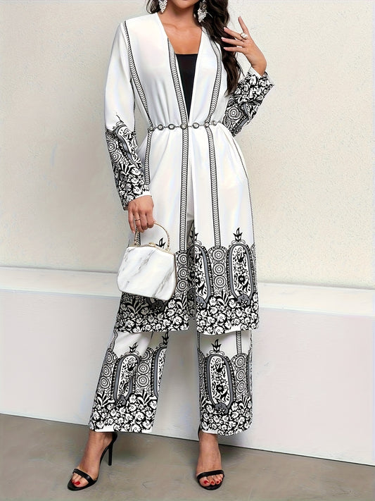 Tribal Print Matching Two-piece Set, Casual Open Front Long Sleeve Top & Wide Leg Pants Outfits, Women's Clothing