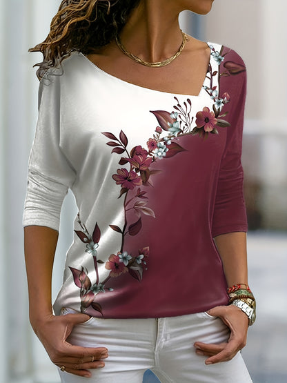 Floral Print Color Block T-shirt, Casual Asymmetrical Neck Long Sleeve T-shirt, Women's Clothing