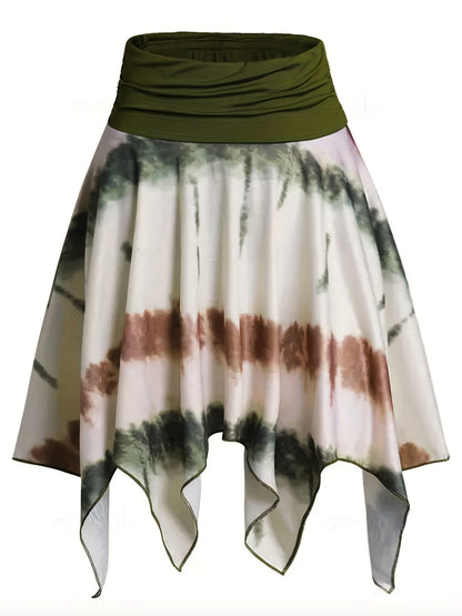 Plus Size Casual Skirt, Women's Plus Colorblock Tie Dye Asymmetric Hem High Waist Slight Stretch Pleated Skirt