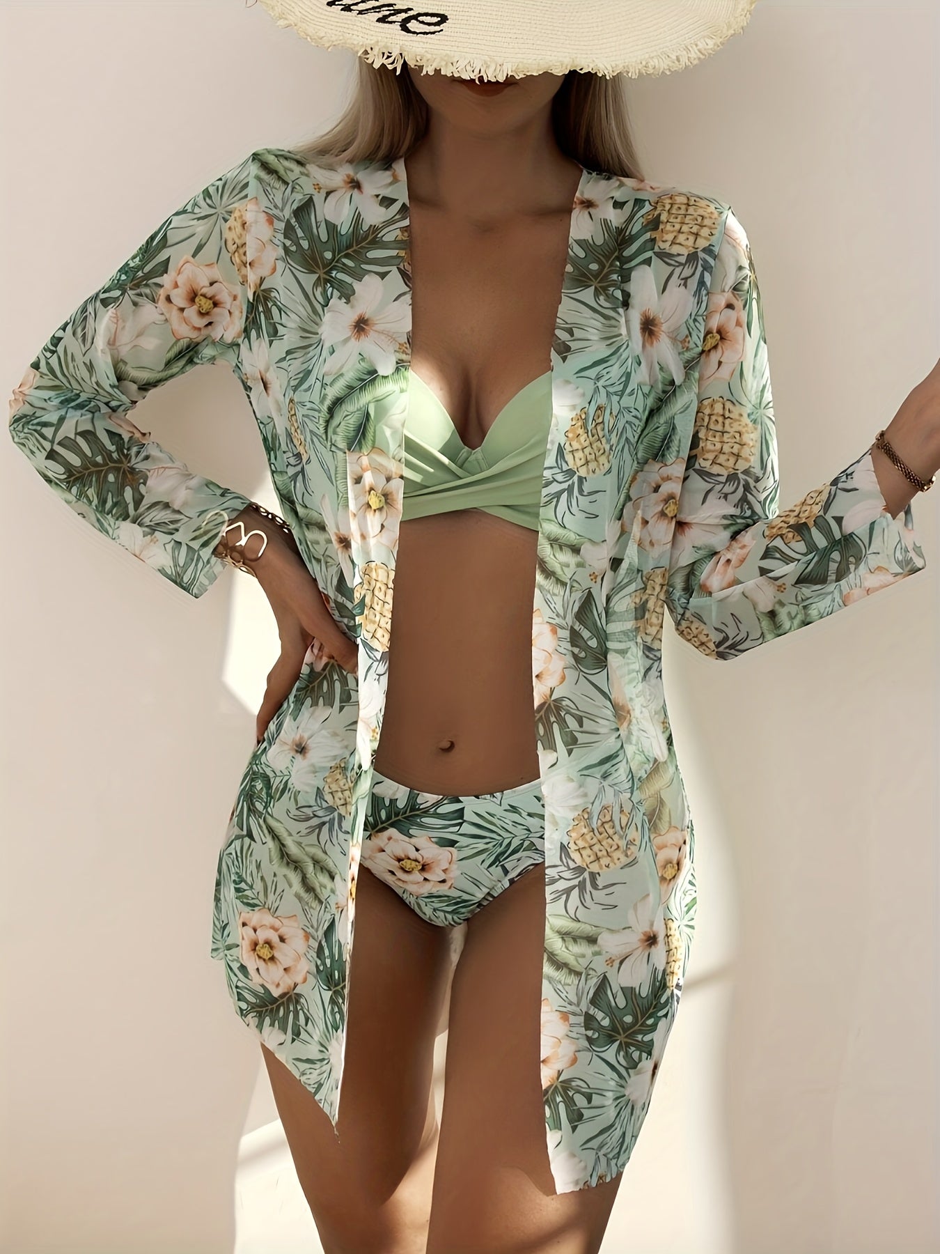 Tropical Print 3 Piece Set Bikini, V Neck Ruched High Cut With Long Sleeves Cover Up Shirt Swimsuits, Women's Swimwear & Clothing