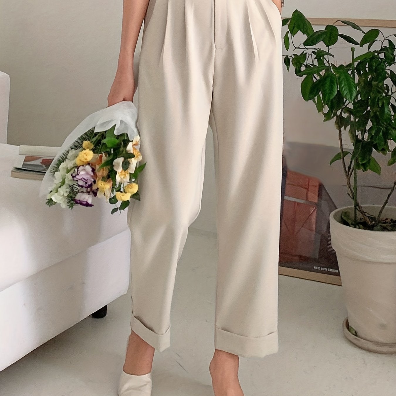 dunnmall  Solid Button Straight Leg Pants, Casual High Waist Draped Pleated Pants, Women's Clothing