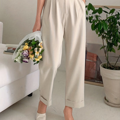 dunnmall  Solid Button Straight Leg Pants, Casual High Waist Draped Pleated Pants, Women's Clothing