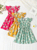 3pcs Charming Floral Midi Dresses for Girls - Crew Neck, Ruffle Sleeve, A-line, Non-Stretch Woven Fabric, Regular Fit, Perfect for Summer Vacation and Casual Wear