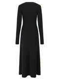 Solid Color Long Sleeve Dress, Casual Crew Neck Maxi Length Dress For Spring & Fall, Women's Clothing