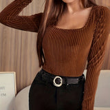 dunnmall Solid Ribbed Velvet T-Shirt, Elegant Long Sleeve Top For Spring & Fall, Women's Clothing