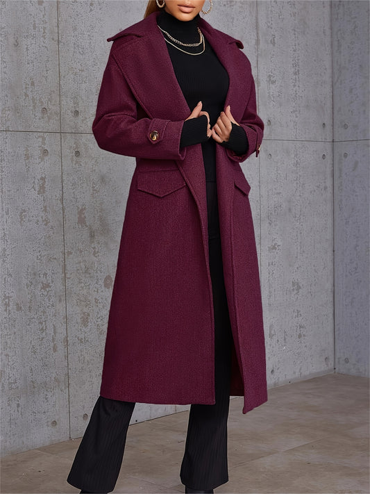 Notched Collar Open Front Coat, Casual Long Sleeve Midi Length Coat For Fall & Winter, Women's Clothing