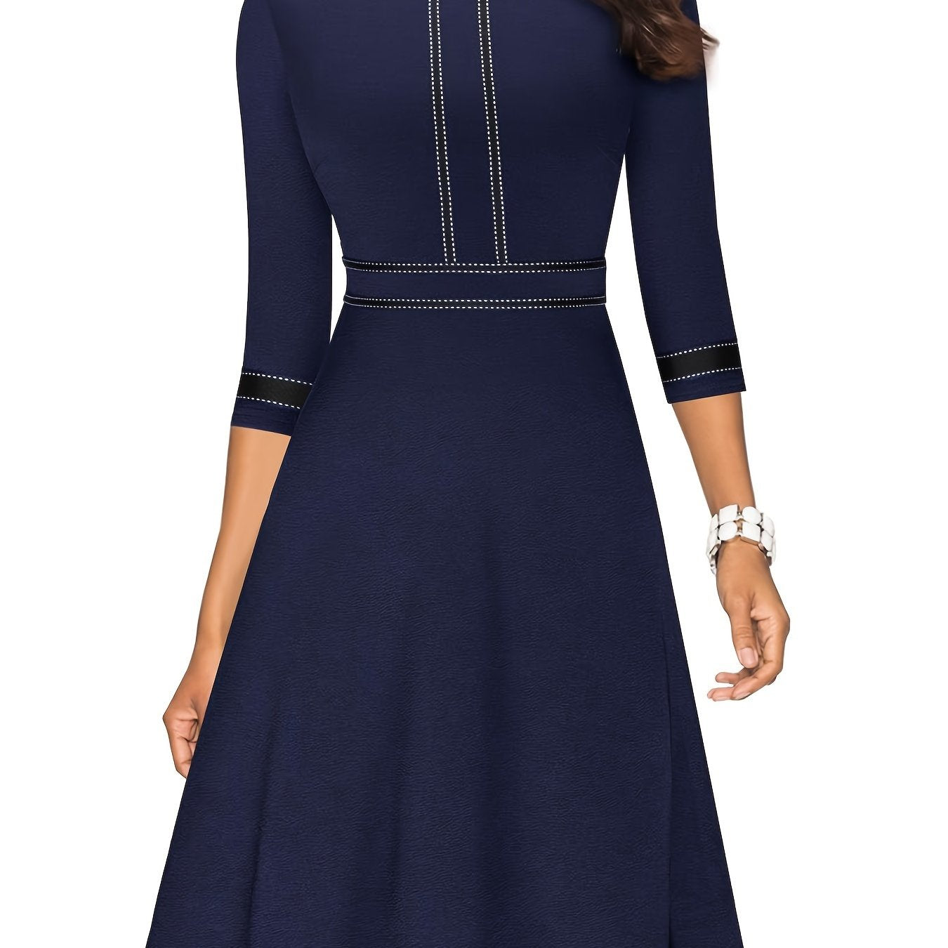 Three-quarter Sleeve Dress, Elegant Crew Neck Flare Dress, Women's Clothing