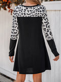 Leopard Print Splicing Dress, Casual Crew Neck Long Sleeve Dress, Women's Clothing
