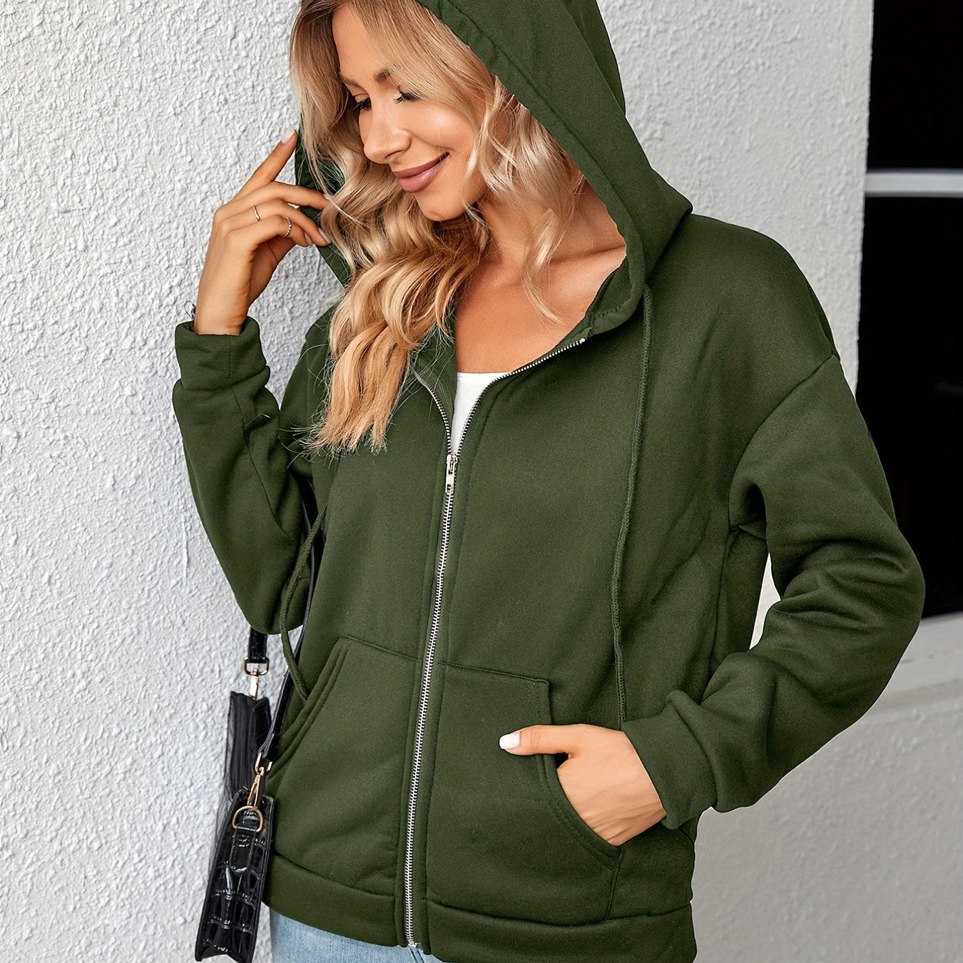 dunnmall  Kangaroo Pocket Zipper Up Hoodie, Casual Long Sleeve Drawstring Hoodies Sweatshirt, Women's Clothing