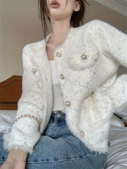 dunnmall  Fluffy Button Front Sweater Cardigan, Crew Neck Sweater Cardigan For Fall & Winter, Women's Clothing