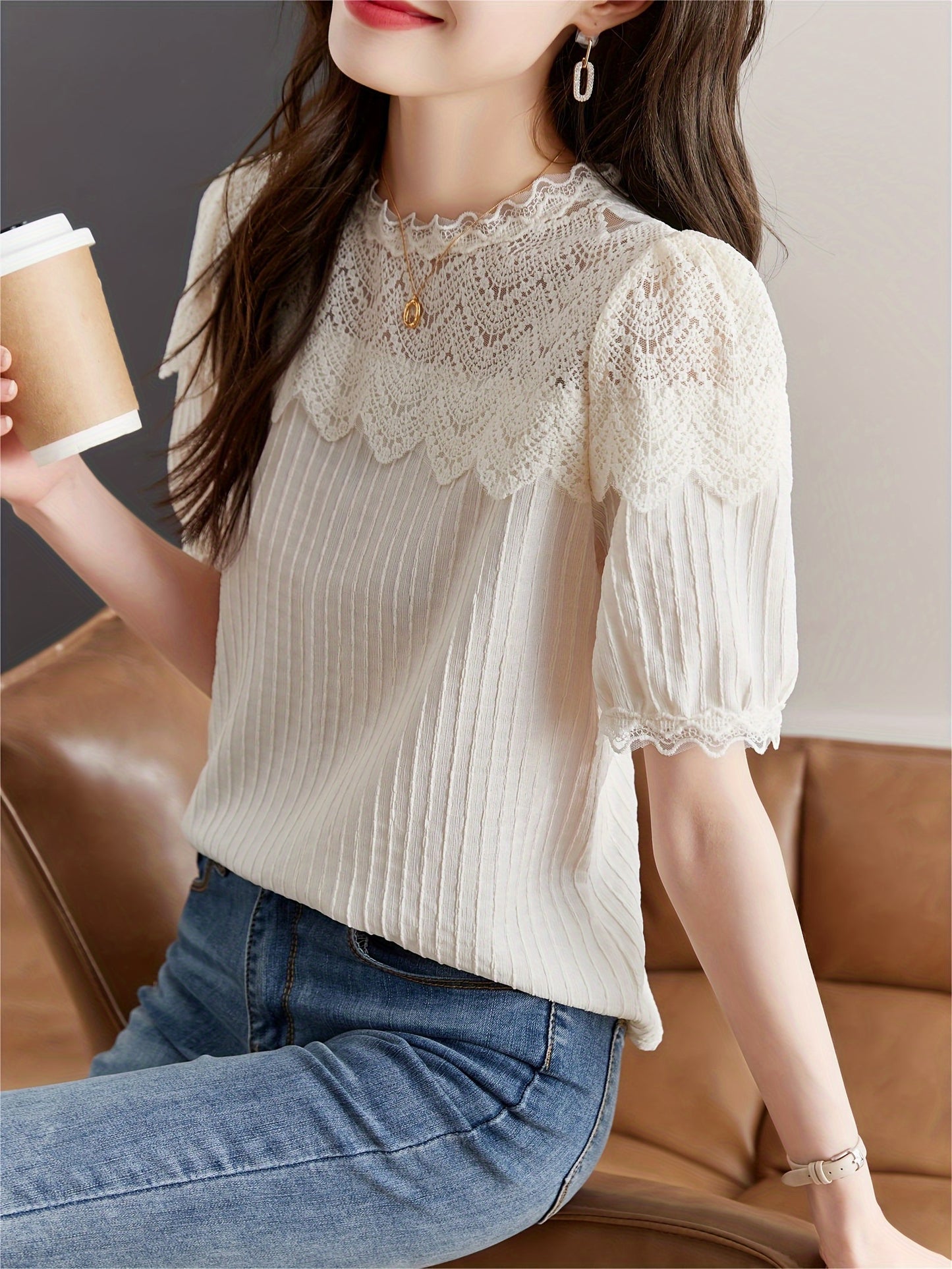 Charming Solid Lace Blouse with Stitching Detail - Soft Textured Short Sleeve Top for Spring & Summer Elegance - Womens Casual Fashion