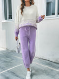 Ombre Casual Knitted Two-piece Set, Long Sleeve Sweater & Drawstring Waist Pants Outfits, Women's Clothing