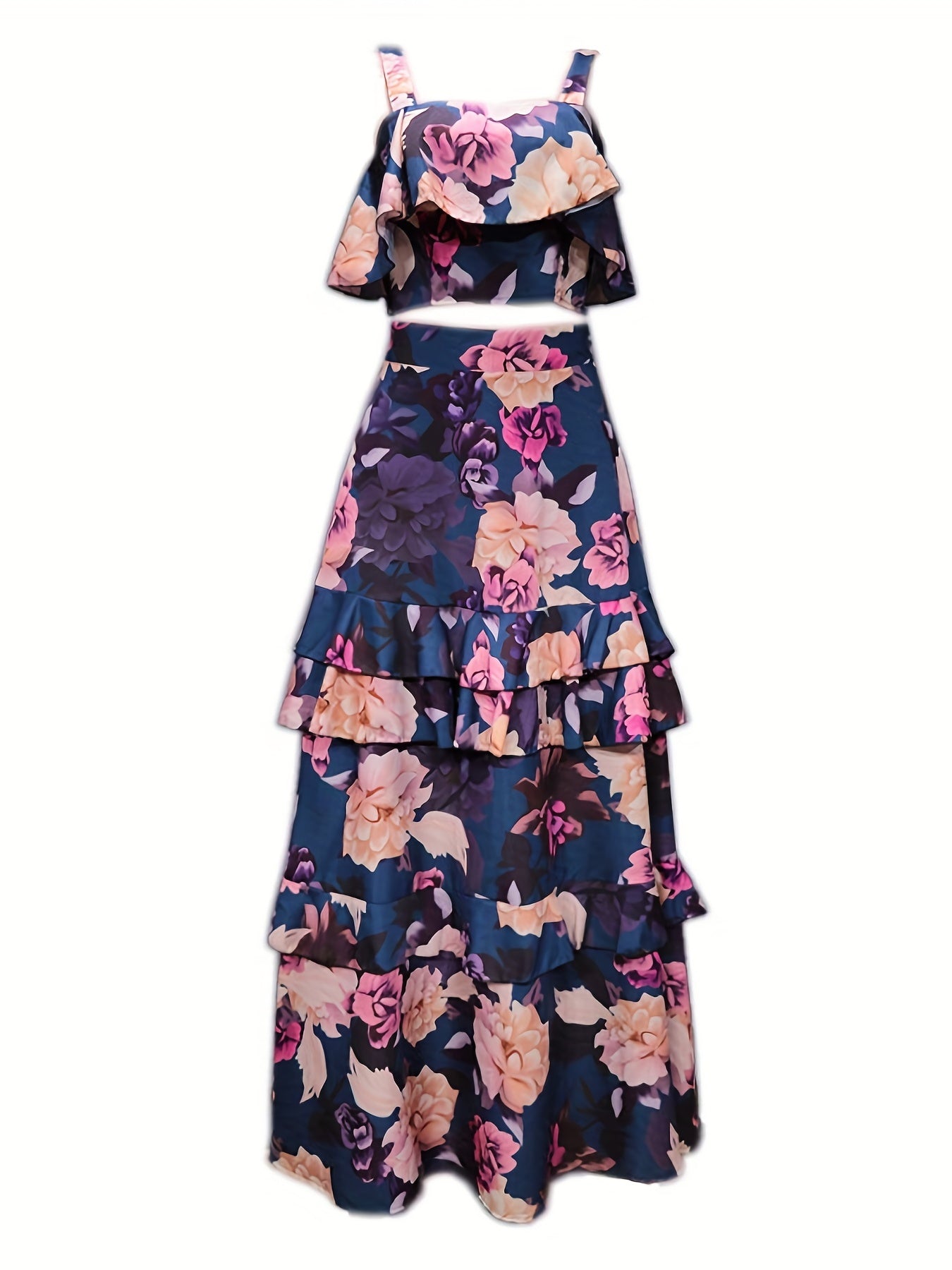 dunnmall  Floral Print Two-piece Skirt Set, Crop Tank Top & Layered Skirt Outfits, Women's Clothing