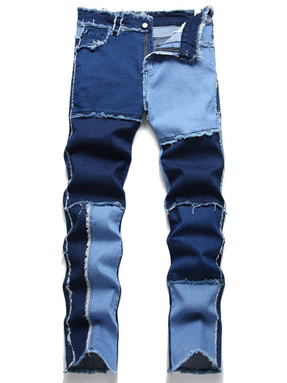 dunnmall Men's Patchwork Jeans Hip Hop Straight Casual Pants Streetwear Pants