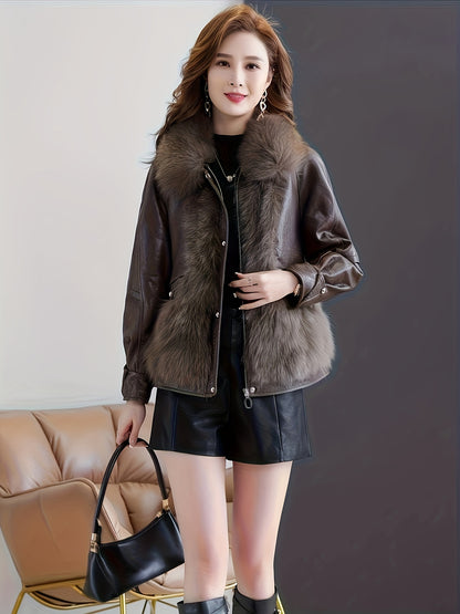 dunnmall  Faux Fur & Leather Zip-up Splicing Jacket, Casual Long Sleeve Jacket For Fall & Winter, Women's Clothing