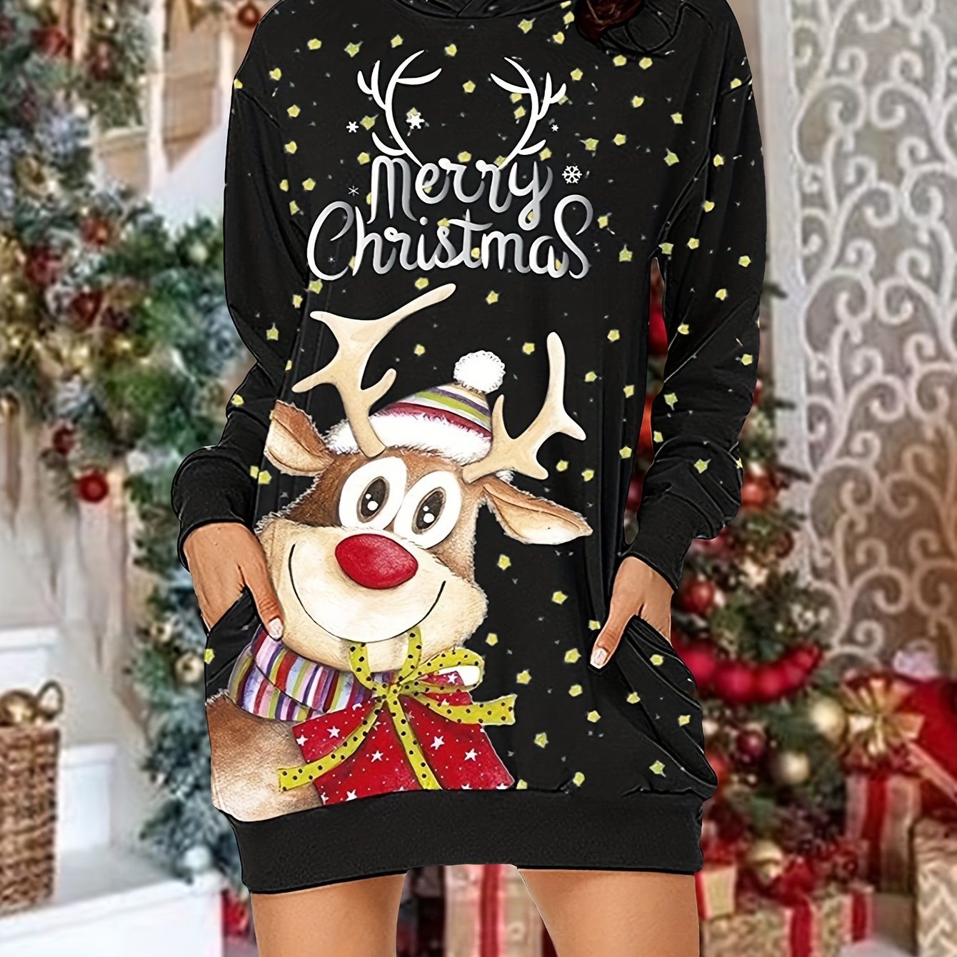 dunnmall  Christmas Print Casual Hoodie Dress Long Sleeve Hooded Dress