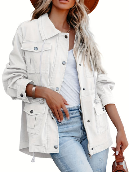 Button Flap Pockets Drawstring Jacket, Casual Long Sleeve Jacket For Fall & Winter, Women's Clothing